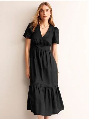 Boden Black V-Neck Puff Sleeve Midi Linen Dress with Tiered Skirt - Size 14R